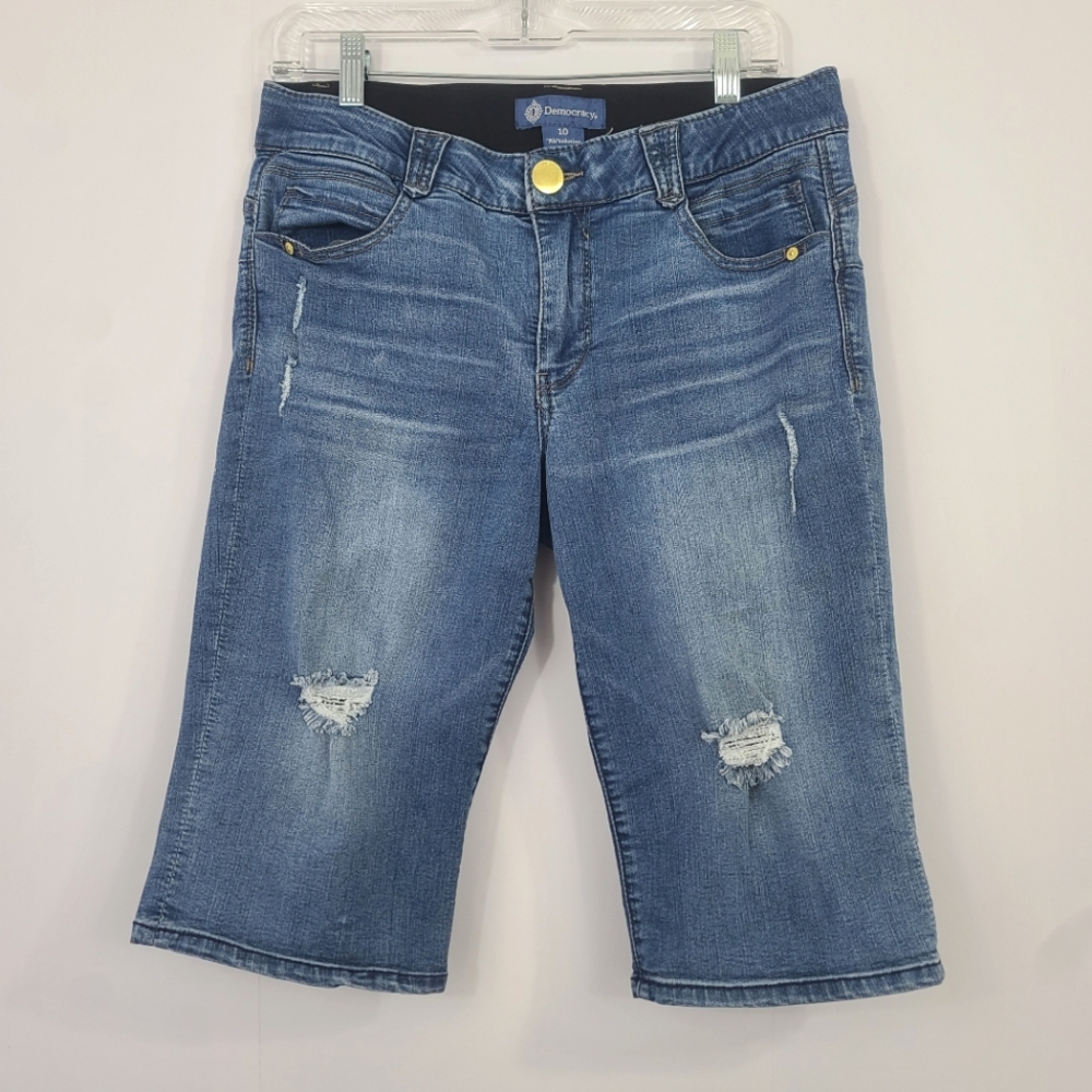 Democracy Absolution Jean Shorts Mid Wash Blue Denim Distressed Knee Length